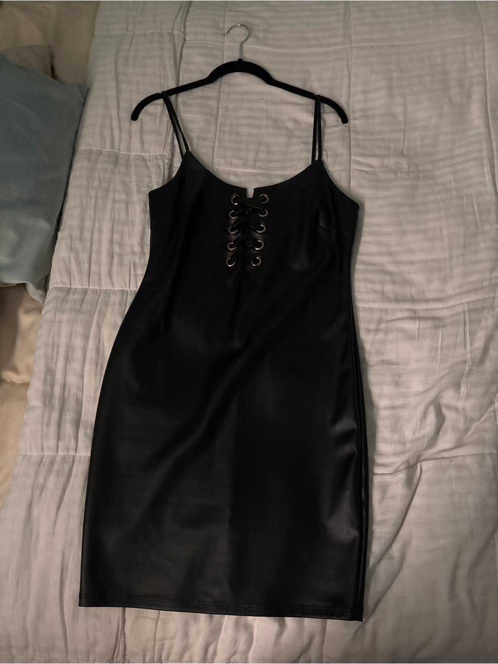 iris Black Faux Leather Lace-Up Slip Mini Dress